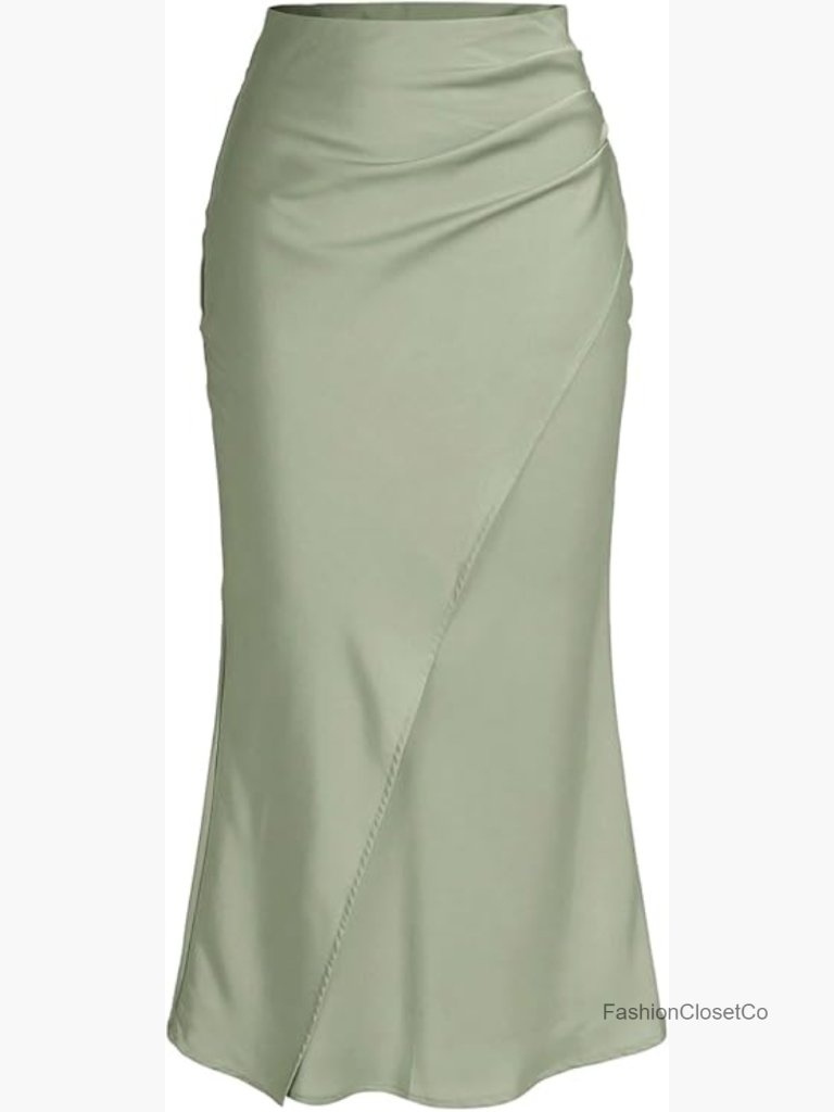 Satin Maxi Skirt Wrap High Waisted Ruched Fishtail Dressy Casual